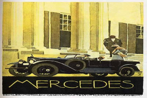Vintage-Mercedes-Benz-Plakat aus den 1920er Jahren mit einem klassischen Auto vor einem modernen Gl├Ąserbau, mit zwei Personen im Auto und 'Mercedes-Benz'-Text unten.