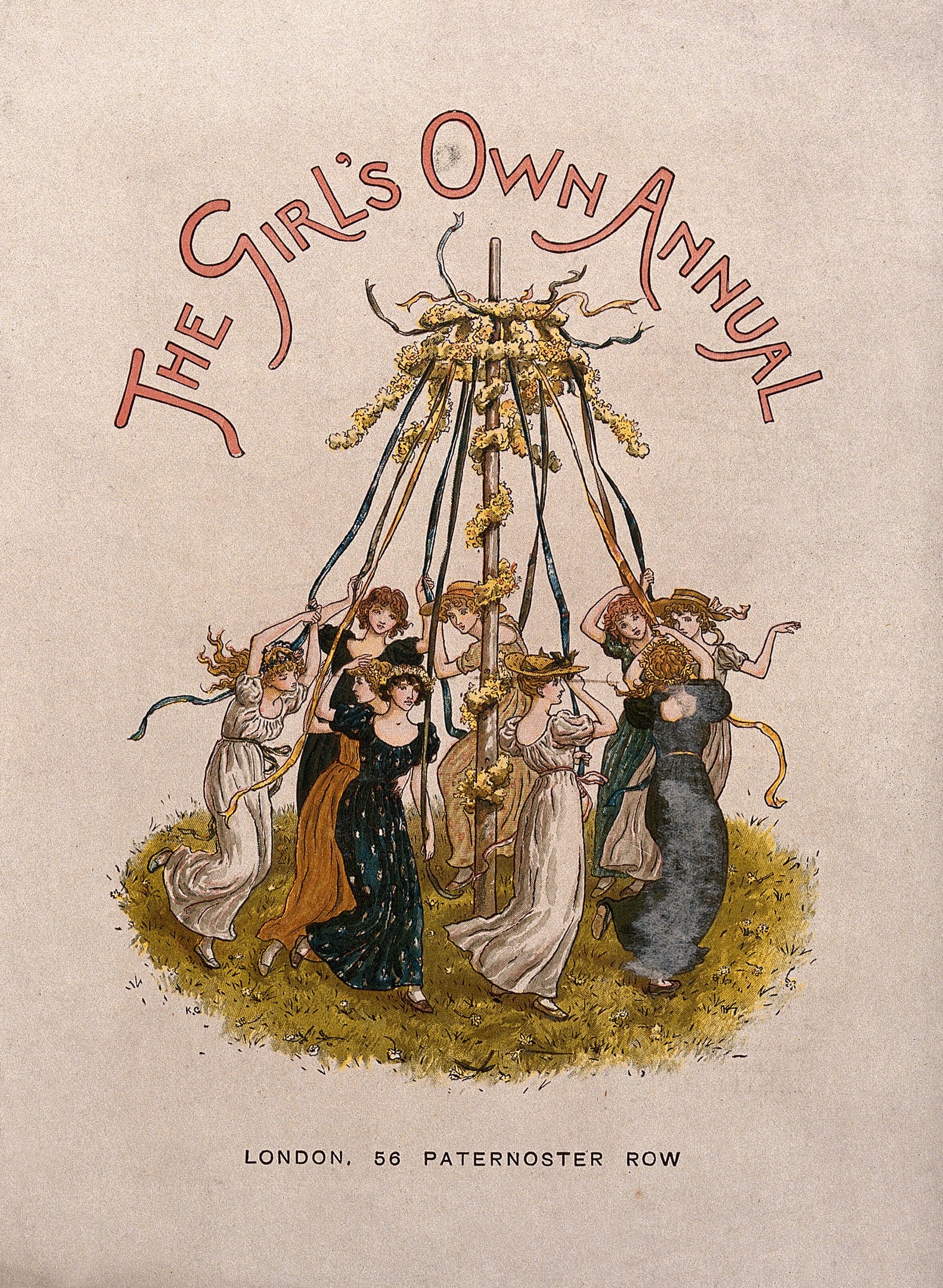Ein Zeitungsausschnitt aus "The Girl's Own Annual", der eine Gruppe von Menschen in bunten Kleidern zeigt, die um einen geschmückten Maibaum tanzen.
