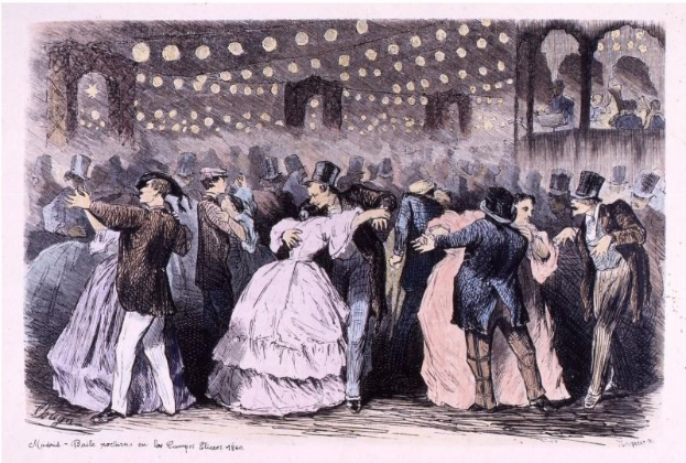 Eine Gruppe von Menschen, die in einem Ballsaal tanzen, mit Text unten, der "Madame Baille Nacional en la Campagne Bleuet, 1860" liest.
