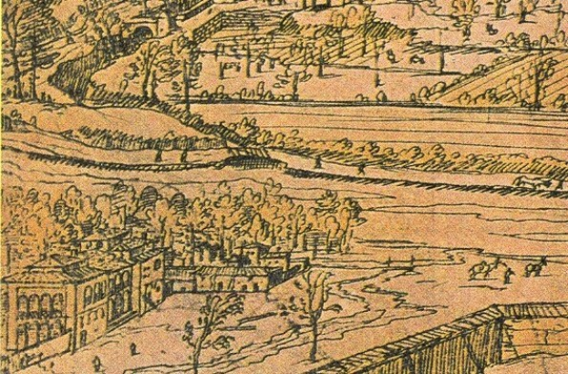 Eine stilisierte Zeichnung einer Stadt mit einem gewundenen Fluss, umgeben von üppigen grünen Bäumen und hohen Gebäuden, die eine friedliche Atmosphäre vermitteln.