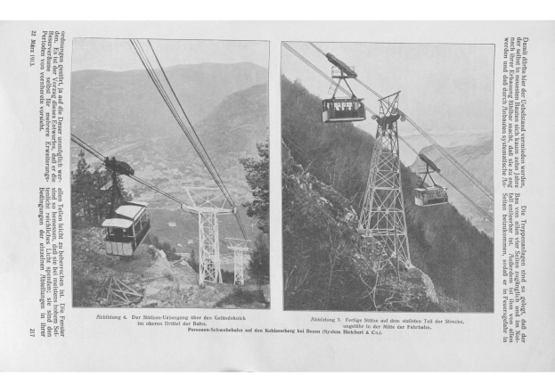 Schwarze und weiße Fotografie einer Seilbahn, die einen bewaldeten Berg hinauffährt, mit zwei Seilbahn-Illustrationen und begleitendem Text.