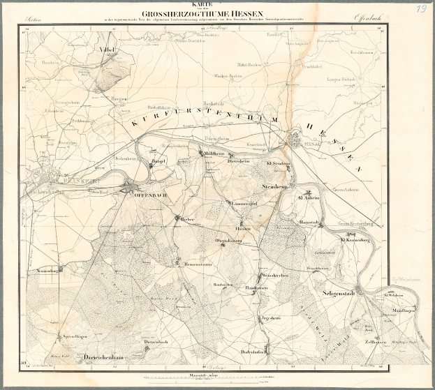 Alte Karte von Hessen, Deutschland, gerahmt in einem Foto-Rahmen mit schwarzen Rändern und Text.