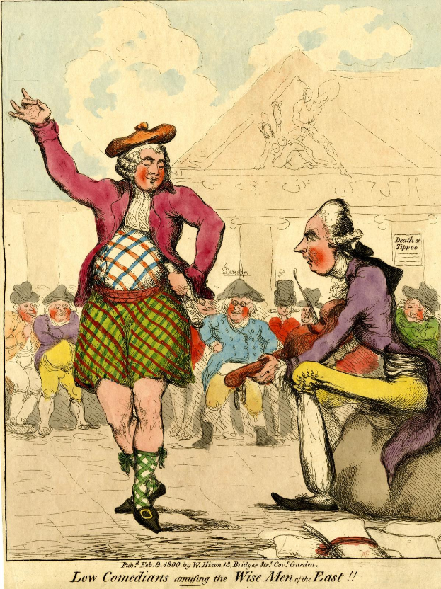 Cartoon-Illustration eines Mannes in einem Kilt und einer Frau in einem Kleid, die vor einem Publikum auf einer Bühne stehen, mit Text unten: "Niedrige Komiker amüsieren die weisen Männer des Ostens."