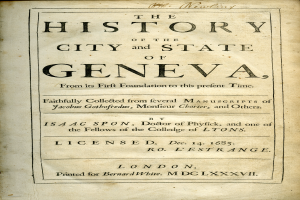 Ein altes Buch mit dem Titel "Die Geschichte der Stadt und des Kantons Genf" ist geöffnet und zeigt eine Seite mit schwarzer Tinte geschriebener Text.