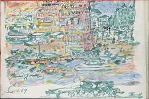 Ein Buchumschlag mit einer detaillierten Illustration einer belebten Stadtlandschaft mit Gebäuden, Fahrzeugen, Menschen und einem Brunnen, begleitet von Text.