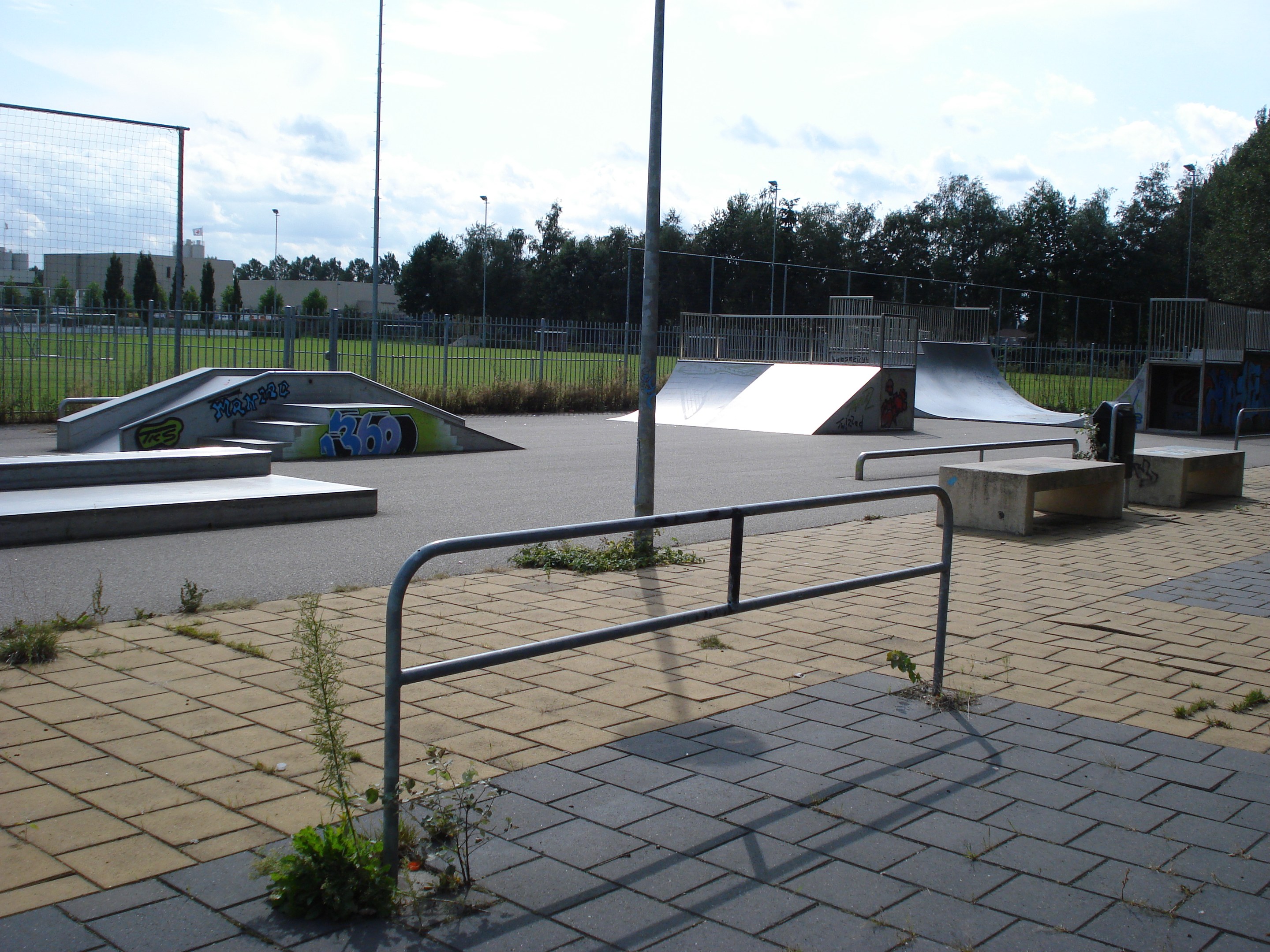 Ein Skatepark mit Rampen, Geländern, Grünflächen, Pfählen, Bäumen, Gebäuden und einer bewölkten Himmel