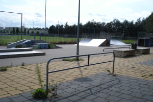 Ein Skatepark mit Rampen, Geländern, Grünflächen, Pfählen, Bäumen, Gebäuden und einer bewölkten Himmel