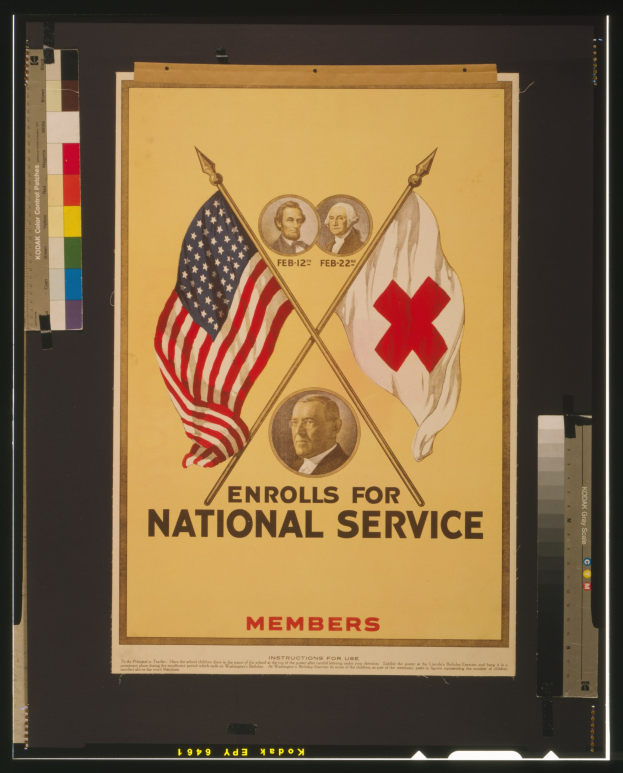 Plakat mit zwei winkenden Flaggen, zwei lächelnden Menschen, die den Betrachter ansehen, und fetter schwarzer Schrift, die "Für Wehrpflichtige anmelden" lautet.