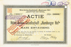 Altes Aktienzertifikat mit rotem Stempel, der "Hotel Actie Gesellschaft Hamburger Hof" liest und dekorative Texte und Stempel.