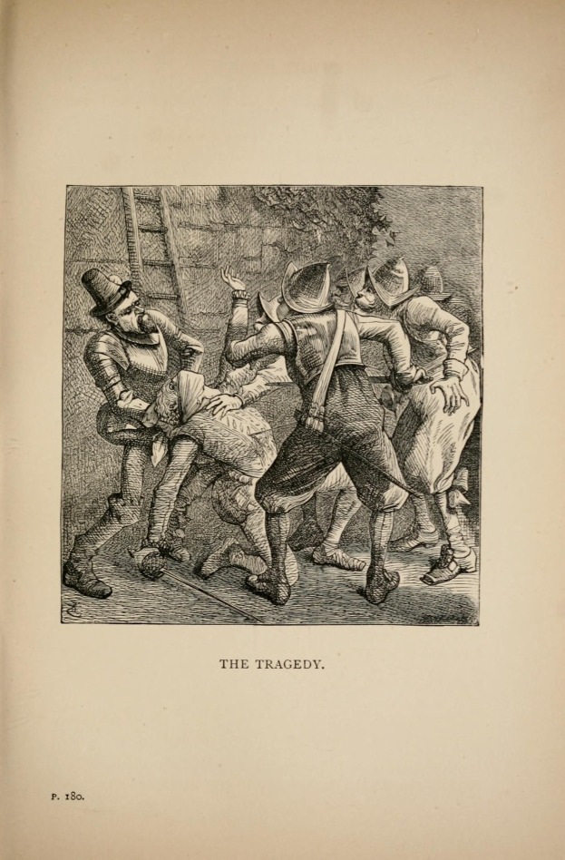 Offenes Buch mit einer Skizze von verzweifelten Menschen, beschriftet mit 'Die Tragödie' unten.