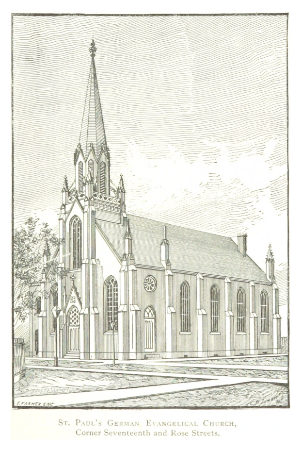 Eine Zeichnung der deutsch-evangelischen St. Pauluskirche mit einem Baum im Vordergrund und einem klaren blauen Himmel im Hintergrund, mit Text unten auf dem Bild.