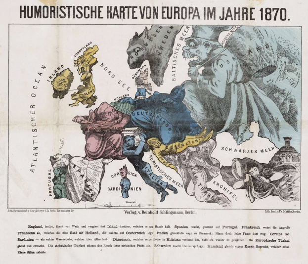 Ein Plakat mit einer humorvollen Karte von Europa aus dem Jahr 1870, umgeben von Cartoon-Illustrationen und Text.