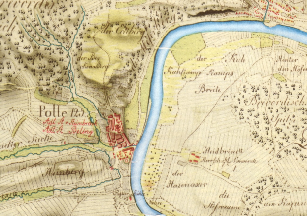 Ausführliches altes Stadtplan von Polle, Deutschland, mit einem Fluss, Straßen, Gebäuden und anderen Merkmalen.