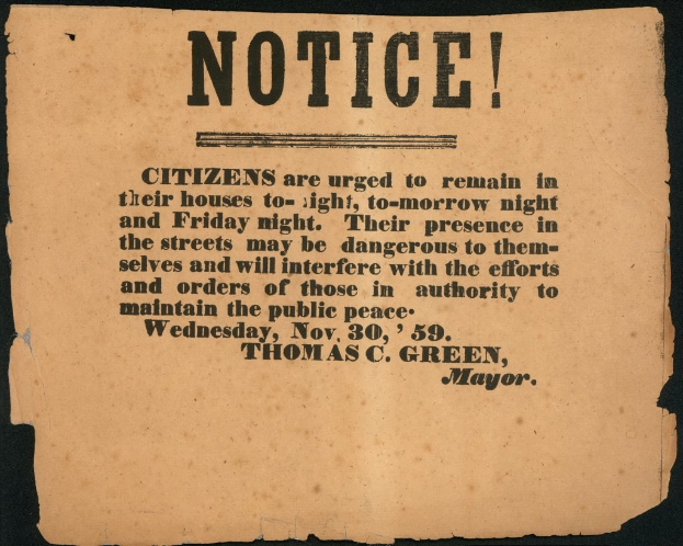 Mitteilung des Bürgermeisters Thomas C. Green, in der die Bürger aufgefordert werden, während der Straßenbeleuchtung am Donnerstag- und Freitagabend zu Hause zu bleiben, da dies aufgrund von Sicherheitsbedenken gefährlich sein könnte.