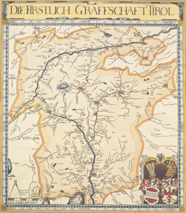 Ausführliches historisches Plakat der ersten Grafschaft Tirol mit einer Karte, die geografische Merkmale wie Flüsse, Berge und Städte zeigt, begleitet von erklärendem Text.