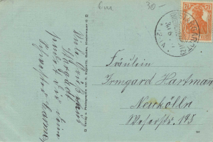 Alte Postkarte mit einem 1945-Datumstempel, markiert "Österreich - Deutschland - Cover nach Deutschland", mit deutscher historischer und kultureller Bildsprache.