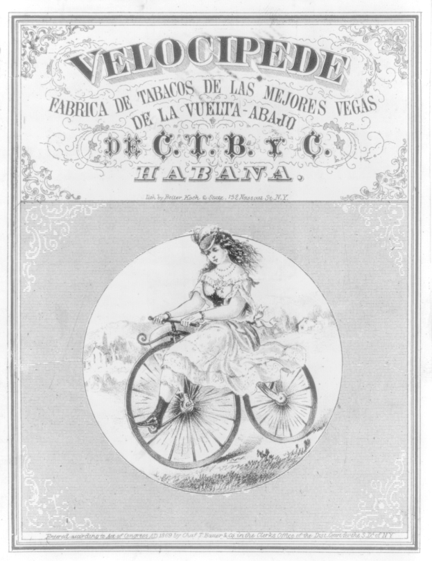 Frau auf einem Fahrrad in einem alten Werbeplakat mit begleitendem Text.