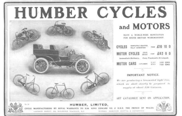 Anzeigetafel für Humber Cycles and Motors, die verschiedene Fahrzeuge und Fahrräder zeigt, mit beschreibendem Text.