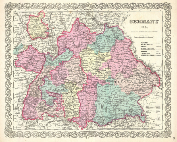 Alte Deutschlandkarte auf Papier, mit detaillierten regionalen Texten und Hervorhebung der Provinzen Bayern, Baden-Württemberg und Baden.