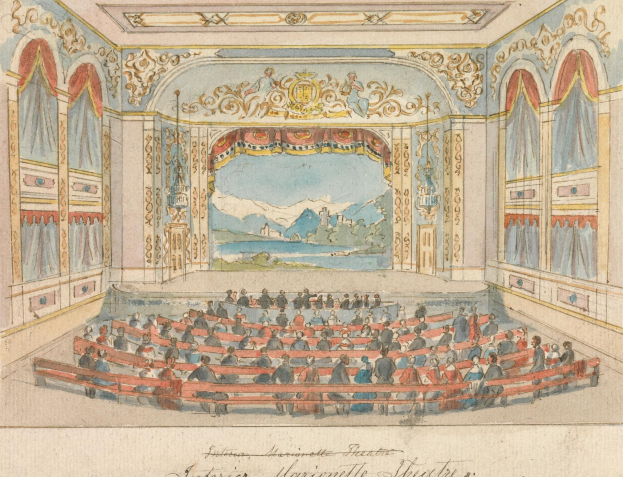 Eine Zeichnung eines Theaters mit einem Publikum im Auditorium, Wände mit detaillierten Designs, eine Decke mit Lichtern und dekorativer Text am Boden.