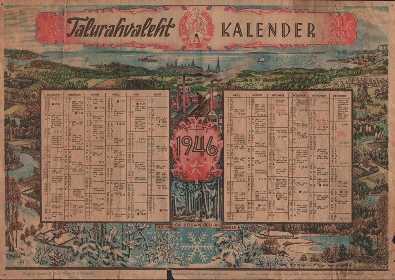 Alter Kalender aus dem Jahr 1946 mit einem Stadtbildmotiv, mit handschriftlichen Datumsangaben auf dem Kalendergitter.
