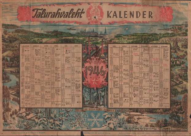 Alter Kalender aus dem Jahr 1946 mit einem Stadtbildmotiv, mit handschriftlichen Datumsangaben auf dem Kalendergitter.
