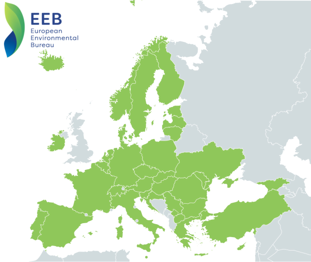 Eine Europakarte mit dem Logo der Europäischen Umweltagentur in der oberen linken Ecke, die in verschiedenen Grüntönen schattiert ist, um die EU-Regionen anzuzeigen.