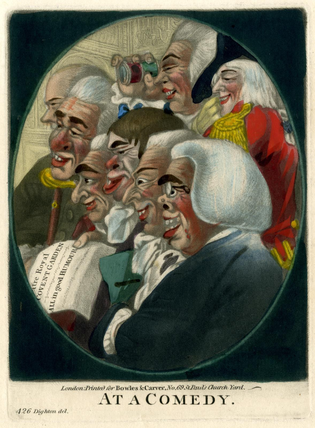 Eine Gruppe von Menschen, die in einem Kreis stehen, einer hält ein Blatt Papier, lacht und genießt ein Comedy-Event.