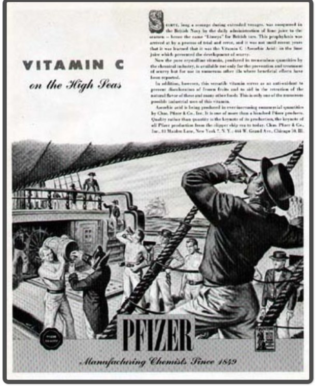 Werbung für Pfizer Vitamin C auf einem Schiff mit Text und Bildern von Menschen, Seilen und einem Schiff.