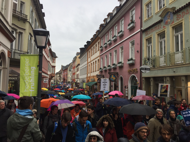 Große Gruppe von Menschen, die mit Schirmen auf einer Straße gehen, während sie an einer Klimademo in Deutschland teilnehmen.