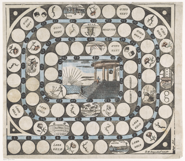 Ein Siedler von Catan-Brettspiel mit zahlreichen Kreisen, Zahlen und Bildern, das eine zentrale Abbildung einer Person zeigt, die vor einem Gebäude steht, umgeben von Bäumen, Wasser und Himmel.