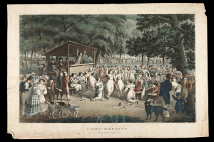 Gruppe von Menschen im Park mit Bäumen im Hintergrund und einer Hütte im Vordergrund, einige sitzen und einige stehen, mit "Camp Meeting"-Text unten.