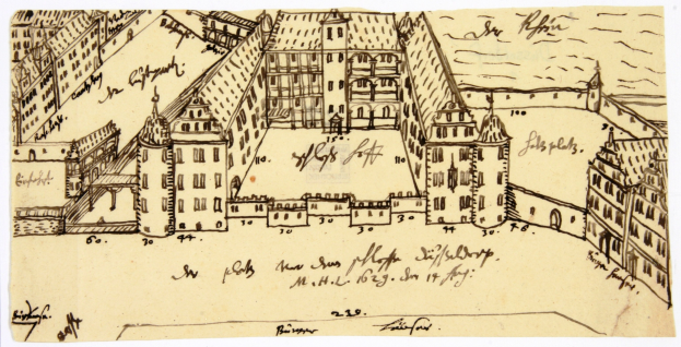 Eine handgezeichnete Stadtansicht mit mehreren Gebäuden mit verschiedenen Architekturstilen auf Papier mit begleitendem Text.