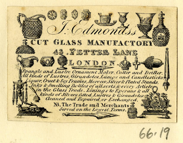 Anzeige für eine Glasfabrik in London, England, mit Text und Bildern von Glasgegenständen.