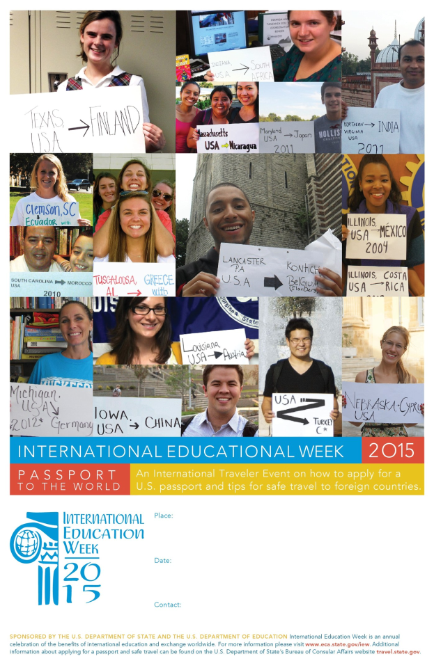 Plakat zur Internationalen Bildungswoche 2015, das eine Gruppe strahlender Menschen mit Schildern zeigt.