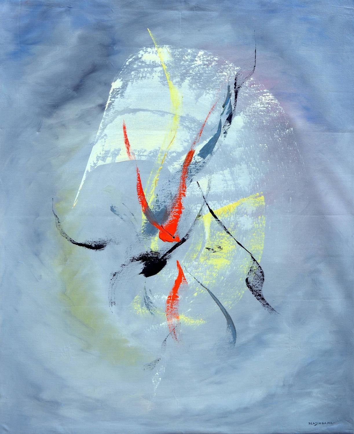 Abstrakte Malerei mit blauem Hintergrund, roter und gelber Akzente, erstellt mit Acryl auf Leinwand in Grautönen.