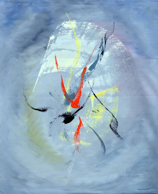 Abstrakte Malerei mit blauem Hintergrund, roter und gelber Akzente, erstellt mit Acryl auf Leinwand in Grautönen.