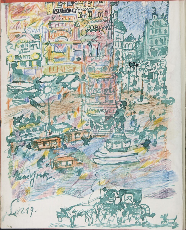 Buchumschlag mit detaillierter Illustration eines belebten Stadtbilds mit Gebäuden, Fahrzeugen, Menschen und einem Brunnen sowie Text.