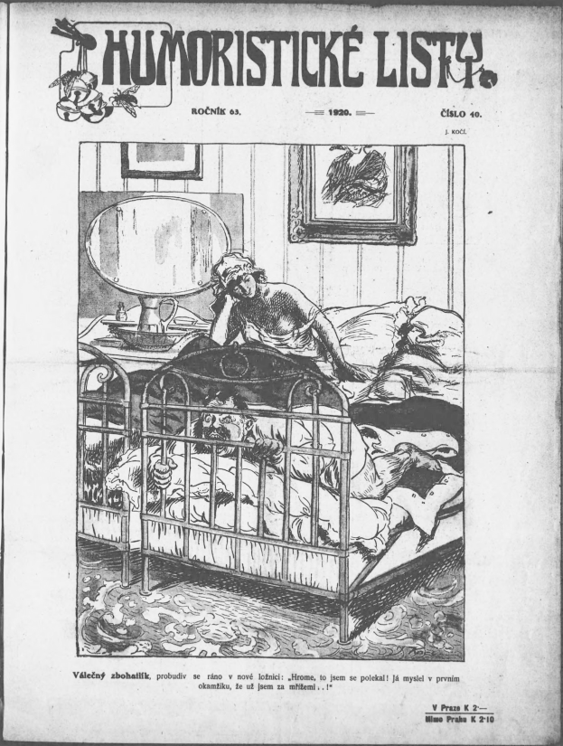 Schwarzer und weißer Zeichnung einer Person, die auf einem Bett liegt, mit einem Spiegel auf dem Nachttisch und einem Rahmen an der Wand, begleitet von Text, der "humoristicke list - czechoslowakei - april 20, 1920" an der Ober- und Unterseite liest.