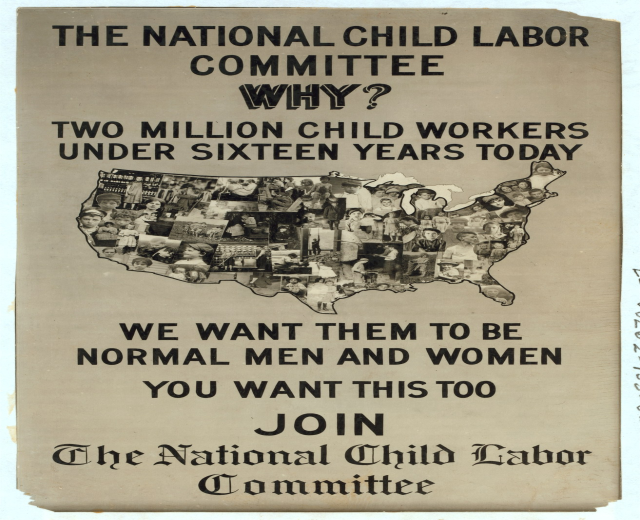 Plakat mit einer USA-Karte betitelt "The National Child Labor Committee: Why? Two Million Child Workers Under Sixteen Years Today", das mehrere Menschen mit Gesichtern zeigt.