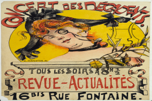 Ein Plakat, das ein Konzert der Decadents ankündigt, zeigt eine Frau mit menschlichem Gesicht und Text mit Informationen zum Event.