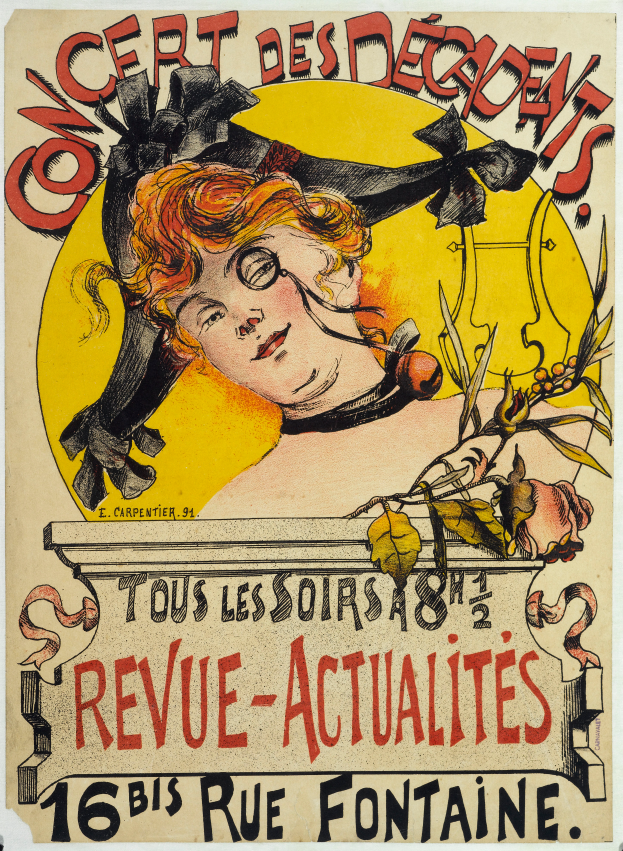 Ein Plakat, das ein Konzert der Decadents ankündigt, zeigt eine Frau mit menschlichem Gesicht und Text mit Informationen zum Event.