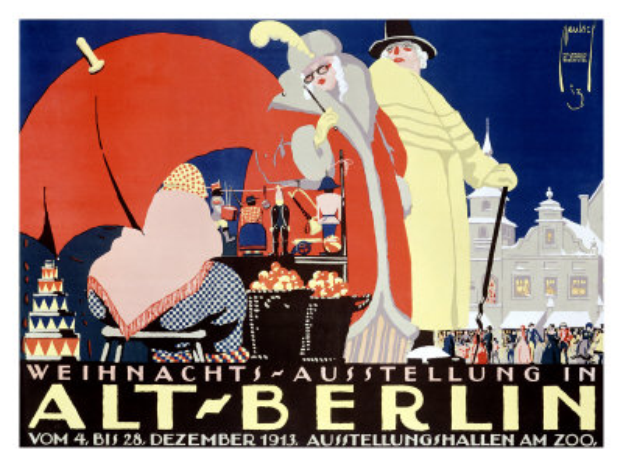Ein Plakat, das einen Zirkus in Berlin, Deutschland, mit einer farbenfrohen Illustration von Menschen, Gebäuden und Gegenständen und dem Text 'Weihnachtsausstellung in Alt-Berlin' oben anpreist.