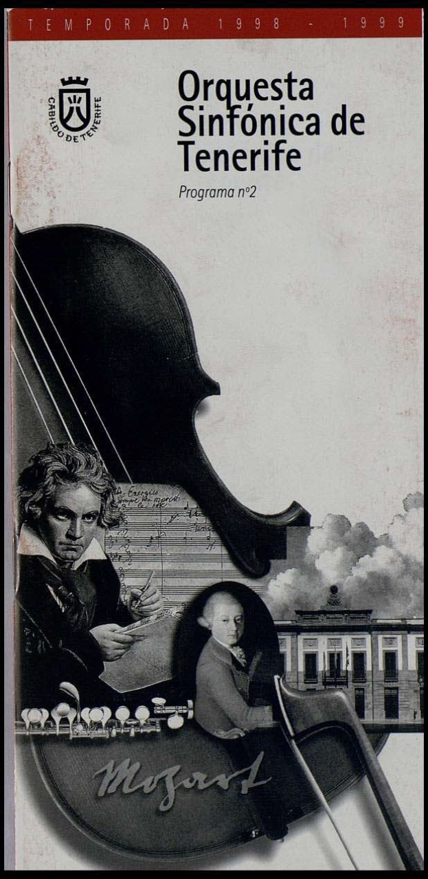 Plakat für Mozarts Symphonie Nr. 2 in D-Moll, Op. 63, mit zwei Geigern im Vordergrund und einem Gebäude im Hintergrund, betitelt "Orquesta Sinfónica de Tenerife Programa Nº 2".