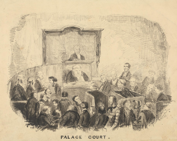 Eine Zeichnung eines Gerichtssaals mit einem Mann, der an einem Rednerpult in der Mitte steht, umgeben von sitzenden Personen, beschriftet mit "Palace Court, London, England".