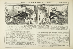 Ein altes Buchcover mit einem Mann in einem Anzug, der in einem Stuhl sitzt und nachdenklich schaut, und einer Frau, die neben ihm steht und nachdenklich aussieht, mit der Überschrift "Die Macht der öffentlichen Meinung".