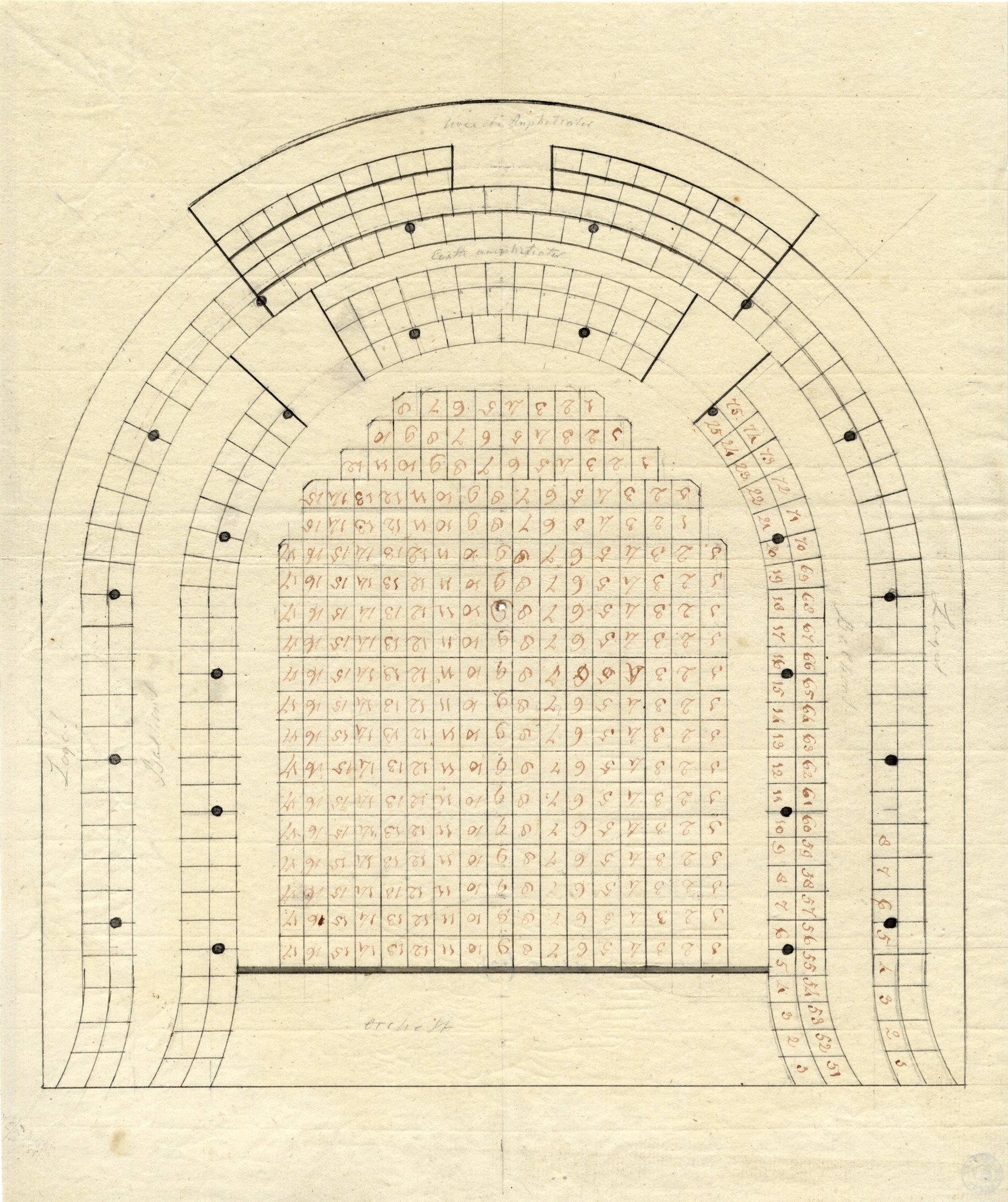 Eine handgezeichnete Konzert-Sitzplan mit Zahlen und Text auf einem Blatt Papier.