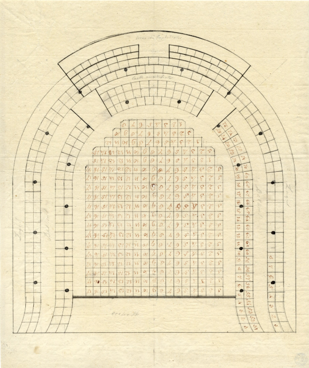Eine handgezeichnete Konzert-Sitzplan mit Zahlen und Text auf einem Blatt Papier.