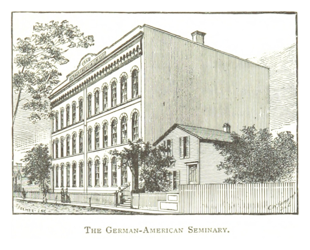 Eine Zeichnung eines Gebäudes mit Fenstern, Bäumen, einem Zaun und einem Himmel im Hintergrund, mit dem Text "Das Deutsch-Amerikanische Seminar" unten.