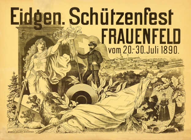Plakat für das Eidgenössische Schützenfest in Frauenfeld, Deutschland, mit einem Mann im Anzug und einer Frau im Kleid und Veranstaltungstext.